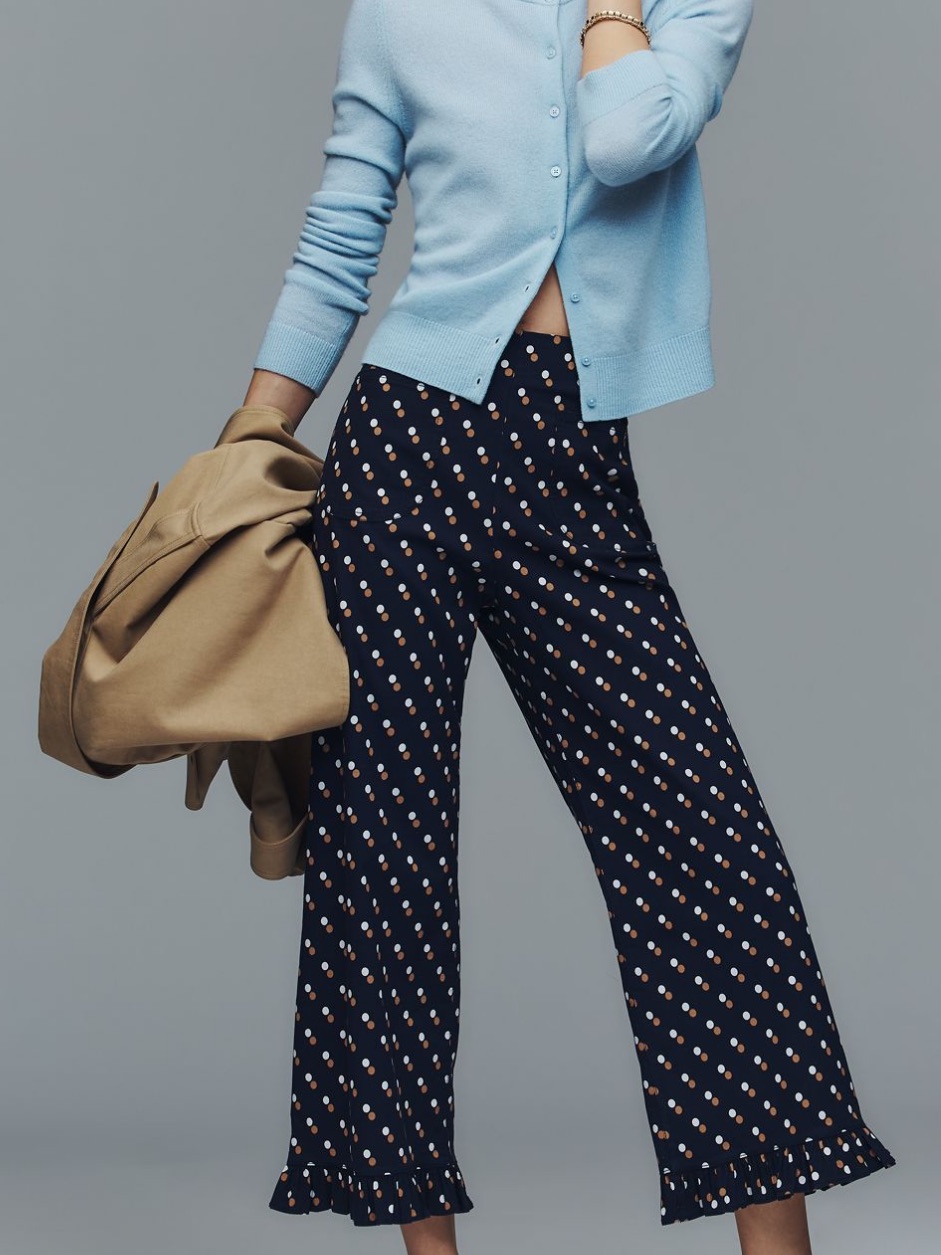 Maeve The Colette Navy Wide-Leg Polka Dot Crop Pants